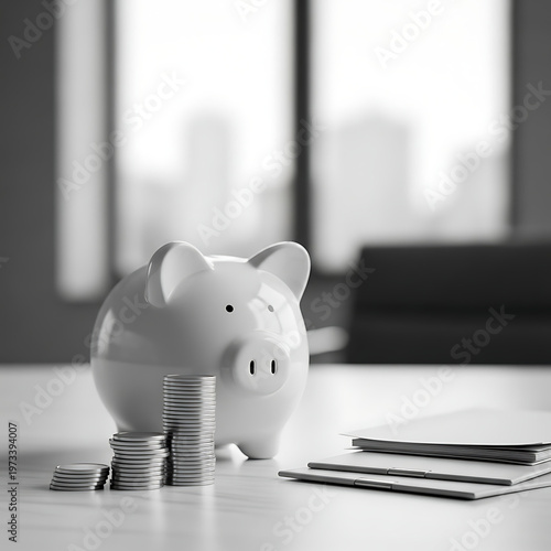 Piggy bank white ceramic moneybox on a minimalist desk with coins and documents, symbolizing savings and financial planning.