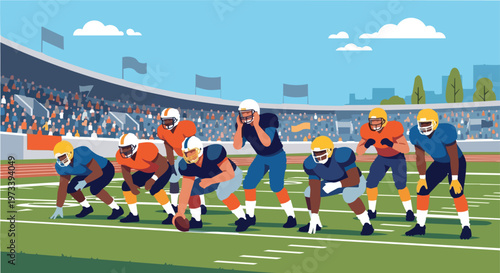 Football and soccer players in action competing on a green field in a stadium