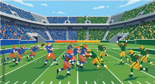 football stadium with green field and players during a competitive soccer match