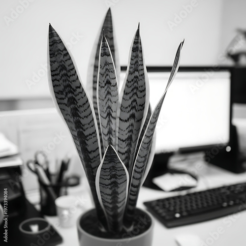 Plant snake or Sansevieria trifasciata with striped leaves in a pot on a modern office desk against a blurred background