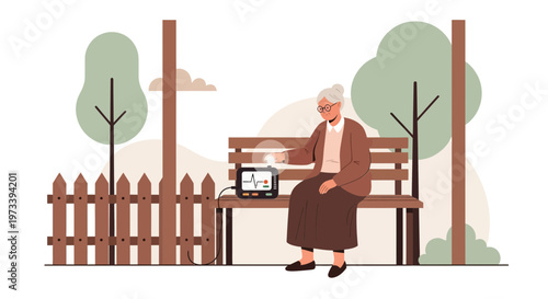 Elderly woman using portable medical device on park bench, health monitoring concept