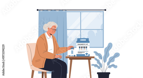 Elderly woman with glasses testing blood glucose at home with a glucometer kit