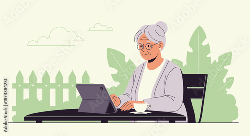 Elderly woman with grey hair using a tablet computer outdoors, enjoying coffee.