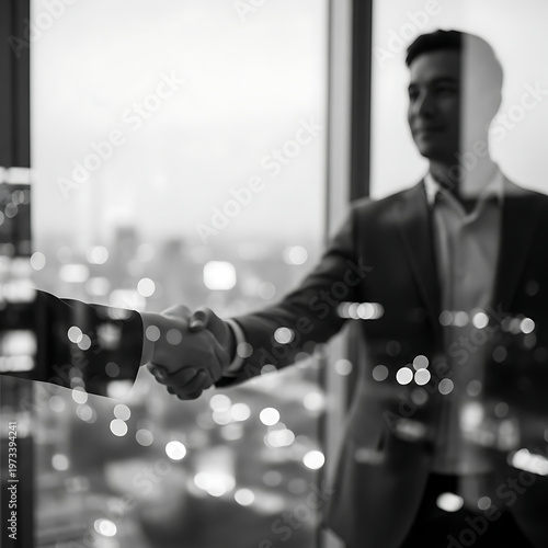 Businessmen shaking hands with partners, celebrating a successful deal, and showing mutual respect in a professional corporate environment with city