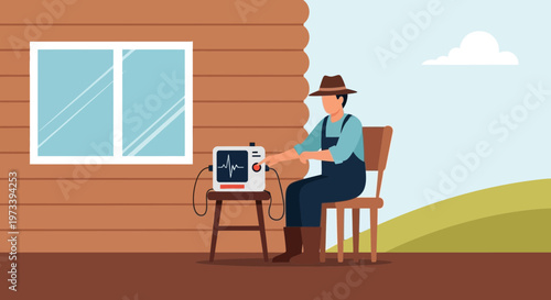Farmer checks vital signs on a portable monitor outside a wooden cabin, rural landscape background