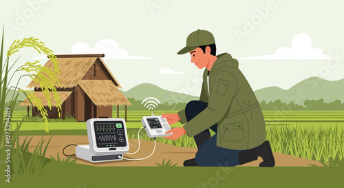Farmer uses advanced technology for crop monitoring in a rice field with a traditional house