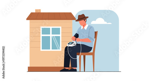 Man measuring blood pressure at home, health check, medical device, senior care, lifestyle