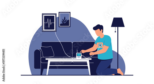 Man monitoring heart health with portable ECG device at home, healthcare concept