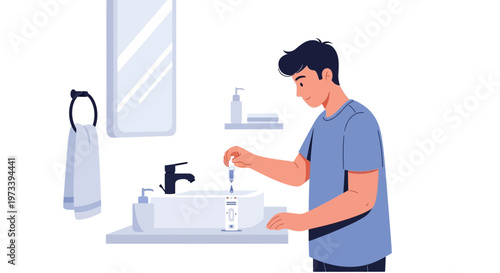 Man performing a home COVID-19 antigen test in a bathroom sink