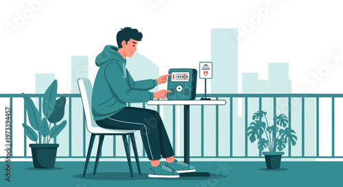 Man using payment terminal at outdoor cafe table with city skyline background