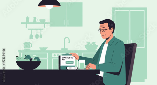 Man using diagnostic kit at home, health checkup, medical test, self-care, technology