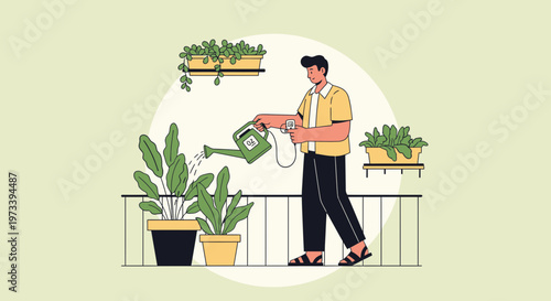 Man watering plants on balcony, urban gardening, sustainable lifestyle, green living