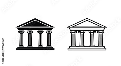 Two neoclassical buildings with columns are depicted in black a striking silhouette