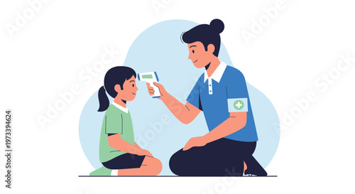 Nurse checking child's temperature with infrared thermometer, health check, medical care, fever screening