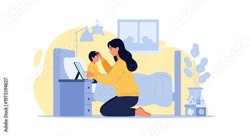 Mother and child bonding over tablet in cozy bedroom, bedtime routine