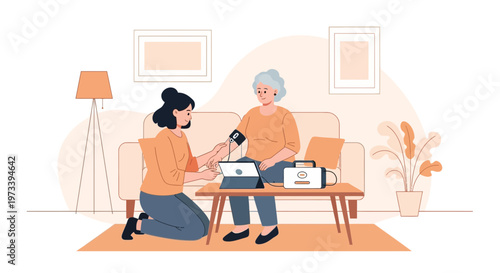 Nurse checks elderly woman's blood pressure at home, healthcare support concept