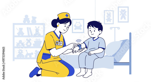 Nurse checks child's smart wristband in hospital room, healthcare technology concept