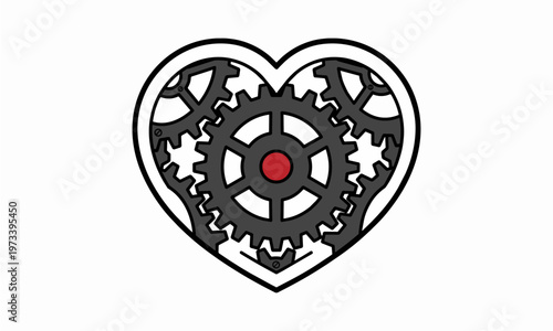 Flat Vector Illustration of a Heart Shape filled with Interlocked Mechanical Gears and Cogs representing the Mechanics of Love and Emotional Intelligence