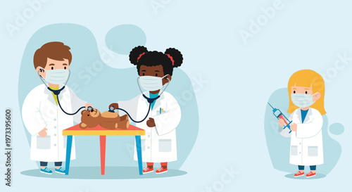 Children dressed as doctors examining a toy animal.