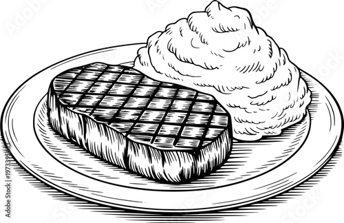 Grilled Steak and Mashed Potatoes Served a Plate Vintage Line Style meat food