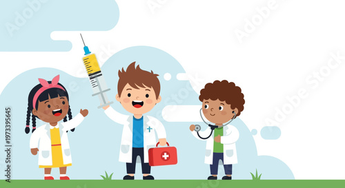 Children dressed as doctors playing with medical equipment.