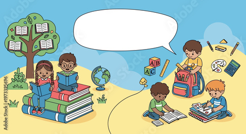 Children learning and reading books outdoors happily.