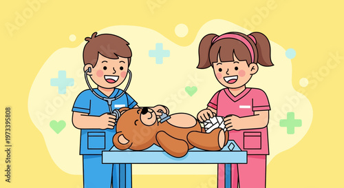 Children playing doctor with teddy bear on examination table.