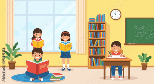 Children reading books in a classroom setting.