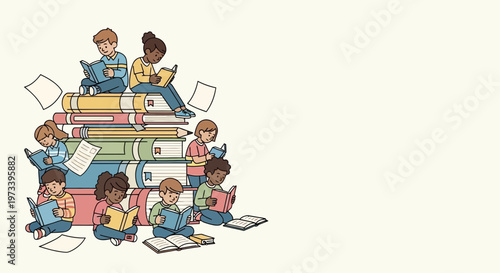 Children Reading Books Stacked High.