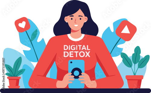 Woman practices digital detox with phone and plants on a table indoors