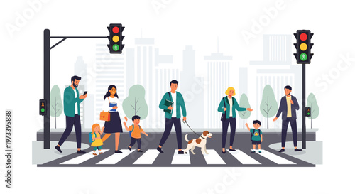 Diverse group of people and children with a dog crossing busy city street at pedestrian zebra crossing during daytime.