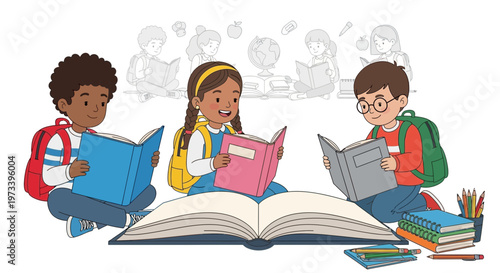 Diverse children engrossed in reading books together.