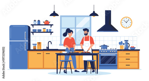 Young man and woman preparing dinner together in modern kitchen interior with blue refrigerator and wooden cabinets.