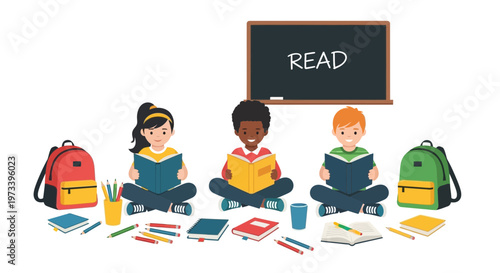 Diverse children reading books together with school supplies.