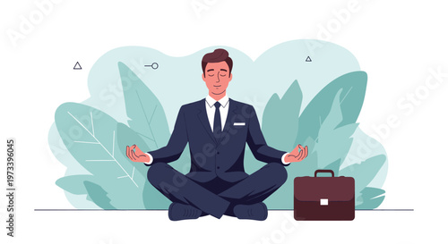 Businessman in suit practicing meditation in lotus position for stress relief and mental clarity in quiet office environment.