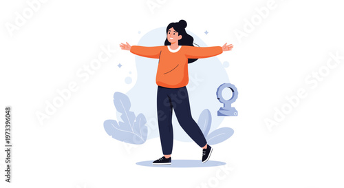 Happy young woman standing with arms wide open enjoying fresh air in minimalist room with leaves and fan elements.