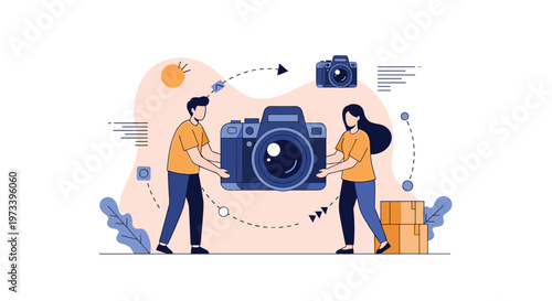 Creative photography team carrying large professional camera icon representing media production and social media marketing service.