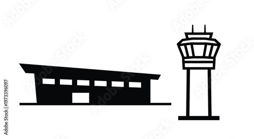 Simple black and white illustration of an airport control tower and building silhouette