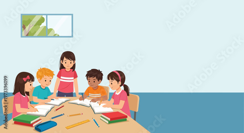 Diverse group of children collaborating on a school project at a table.