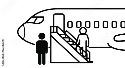 A person boarding an airplane via stairs depicted in a stark silhouette