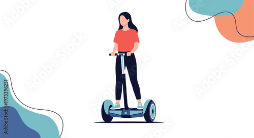 Young woman riding electric self balancing scooter for urban transportation on white background with abstract shapes.