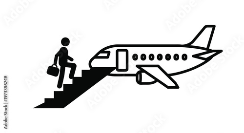 A person boarding a passenger airplane depicted in a stark black silhouette