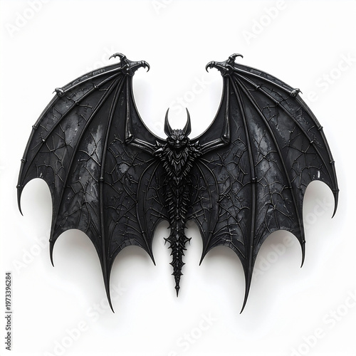 A Gothic-style bat wing symbol with curved spikes is displayed on a white background.