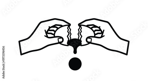 Two hands carefully holding a fragile object with a falling sphere silhouette