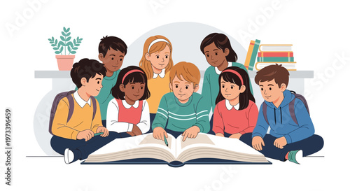 Diverse group of children gathered around an open book 1.