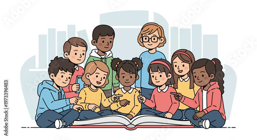 Diverse group of children gathered around an open book.