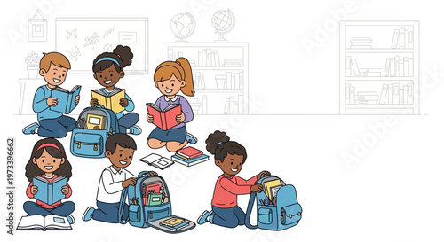 Diverse group of children reading books and packing backpacks for school.