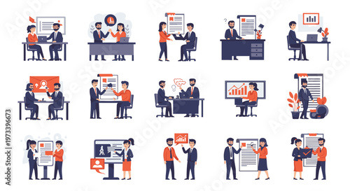 Comprehensive collection of flat business characters in various office work situations for presentation and corporate website design.