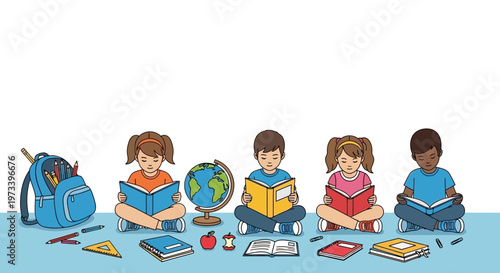 Diverse group of children reading books and learning.