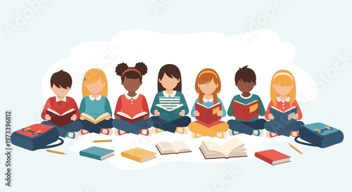 Diverse group of children reading books together happily 1.
